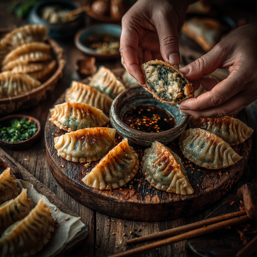 folding double-batch vegan dumplings for freezer storage