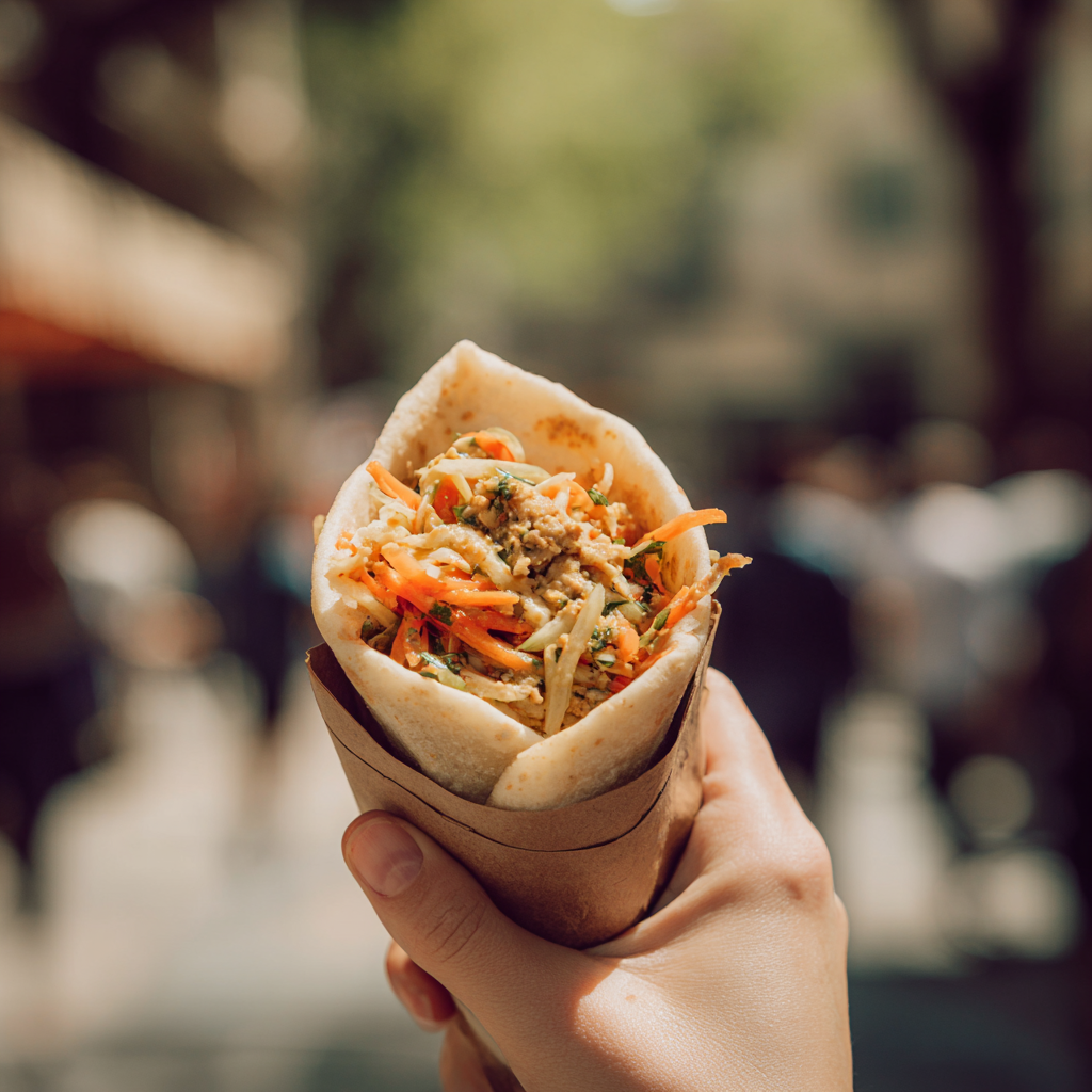 Protein dumpling wrap with slaw and tahini held in hand