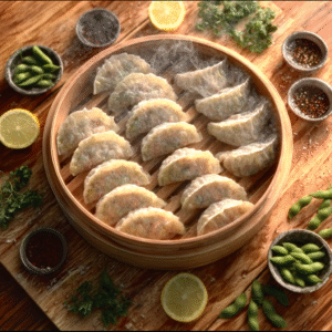 High protein dumplings in bamboo steamer with dipping sauces
