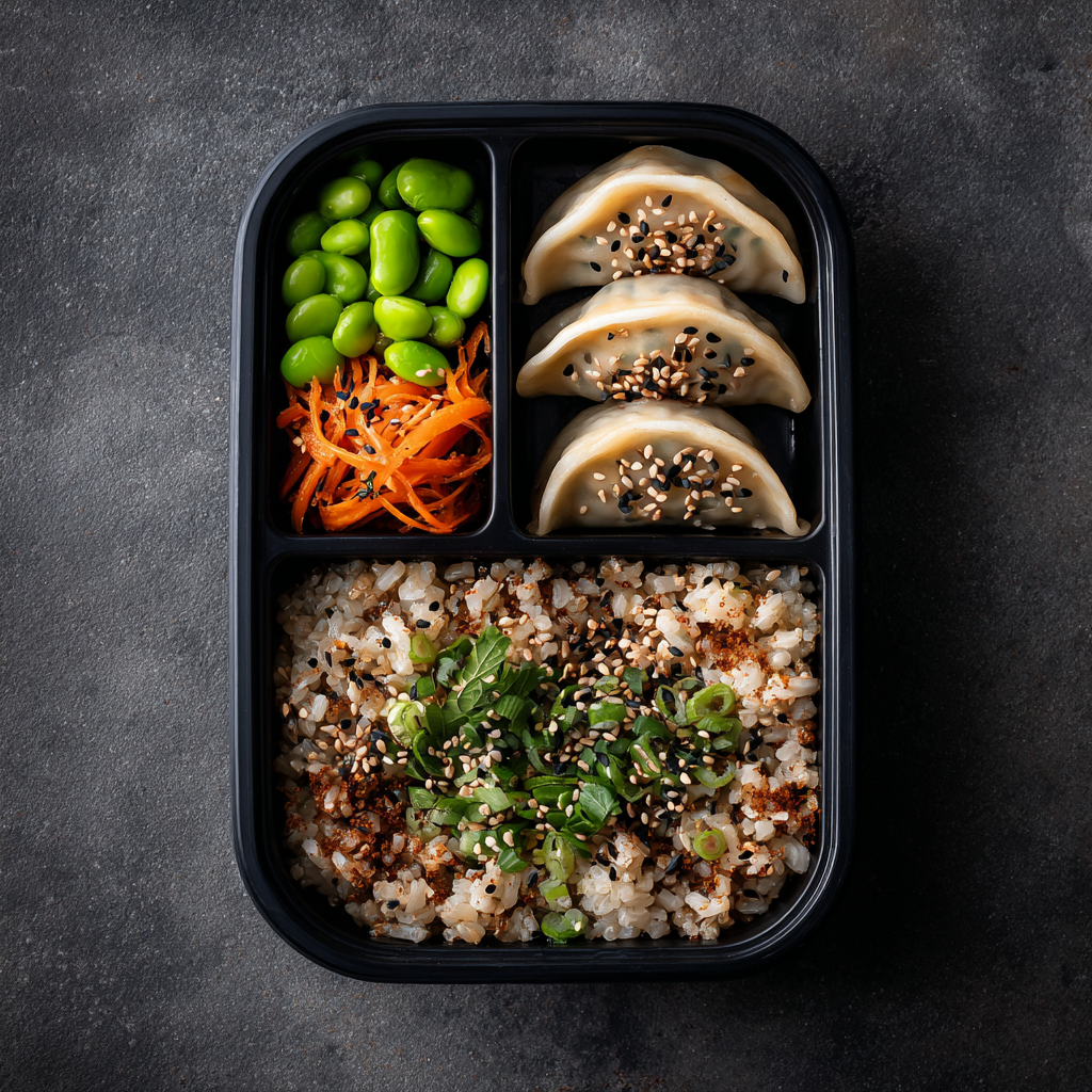 Bento box with high protein dumplings, edamame, and rice