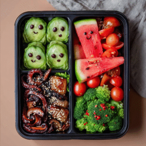 High-protein edamame-dumpling bento box with colorful vegetables and sesame mushrooms