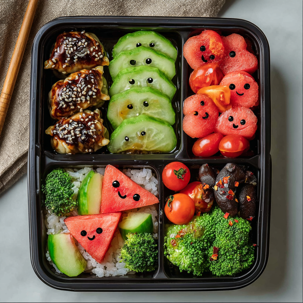 high-protein-edamame-dumpling-bento-box-featured High-protein edamame-dumpling bento box with colorful vegetables and rice in cute compartments