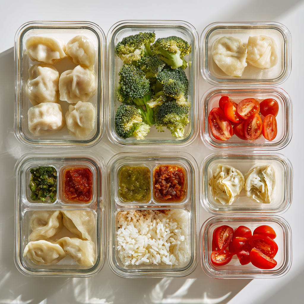 meal-prep-high-protein-bento-storage Stacked bento boxes with edamame dumplings and fresh veggies in meal prep containers