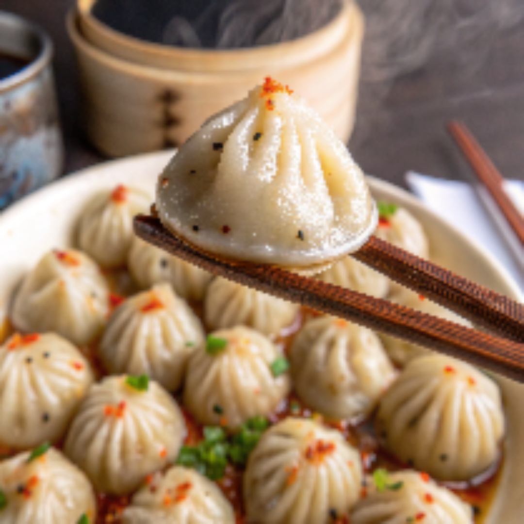 MiLa Vegan Soup Dumpling held by chopsticks over bowl