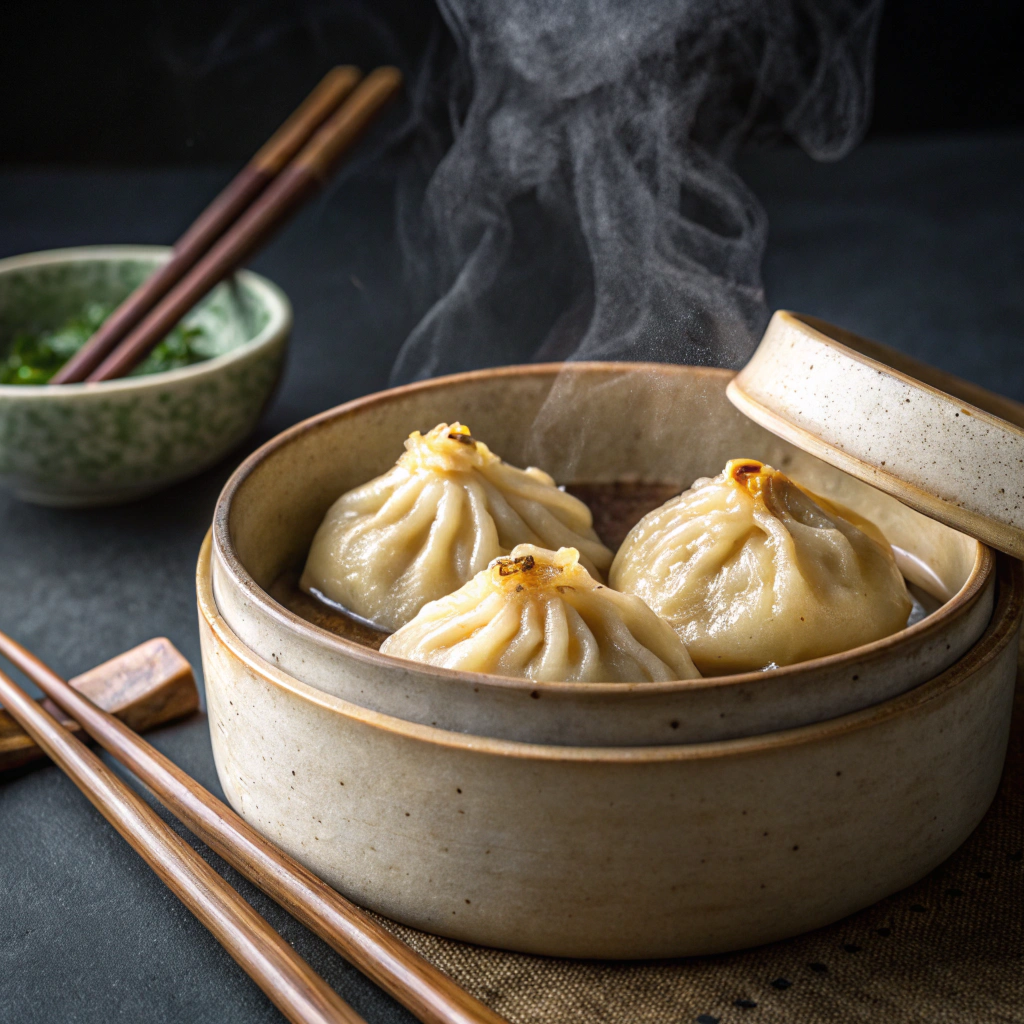 Steaming MiLa Vegan Soup Dumplings in ceramic bowl
