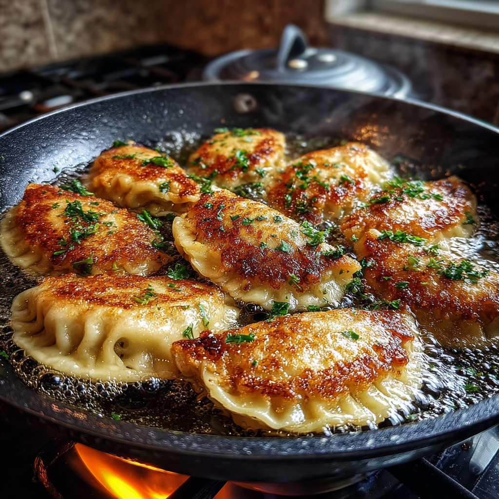 steam-frying-frozen-dumplings Steam-frying frozen dumplings in skillet