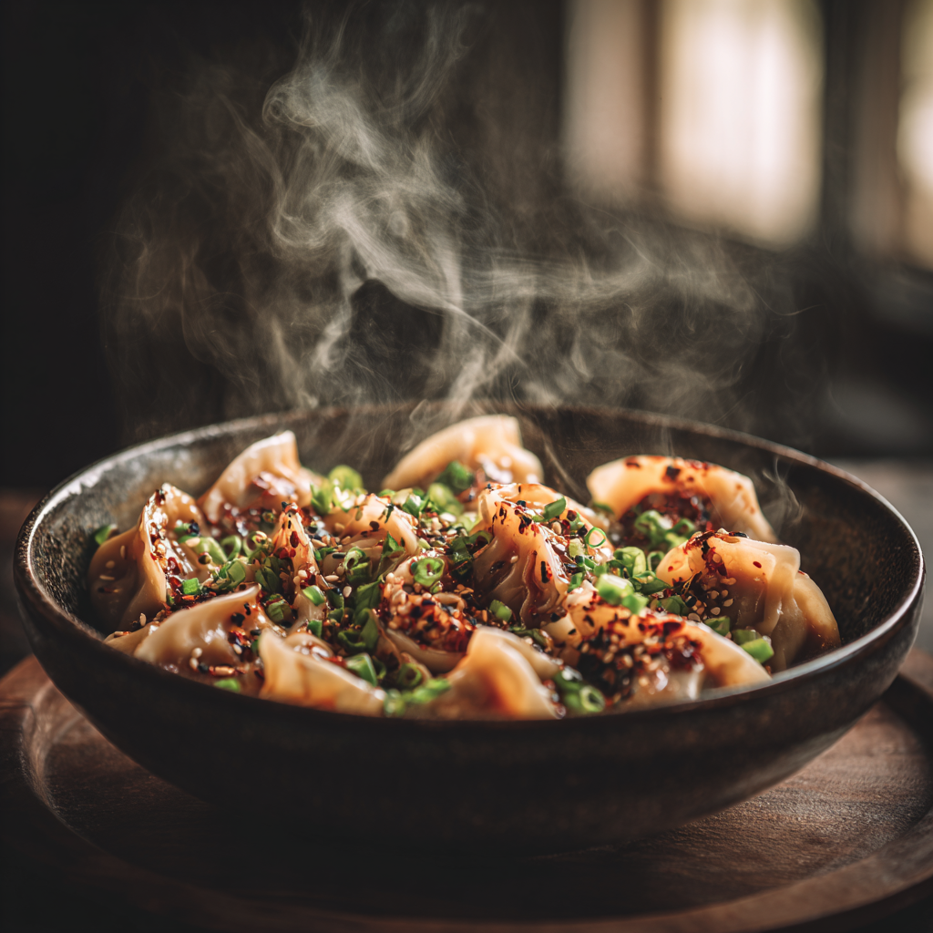 Tofu peanut dumplings in bowl with chili oil and scallions