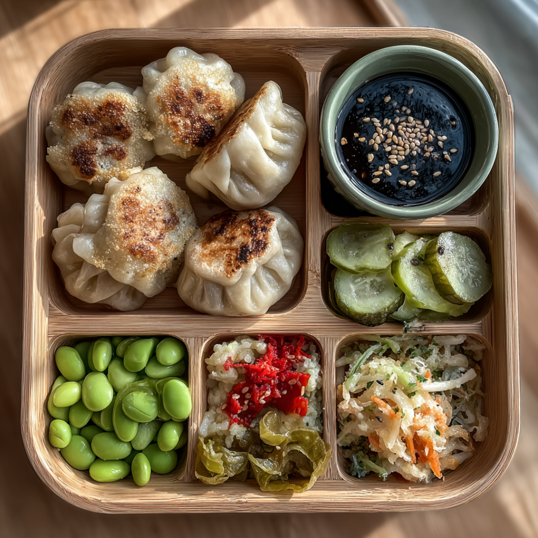 vegan dumpling lunch box from freezer meal prep