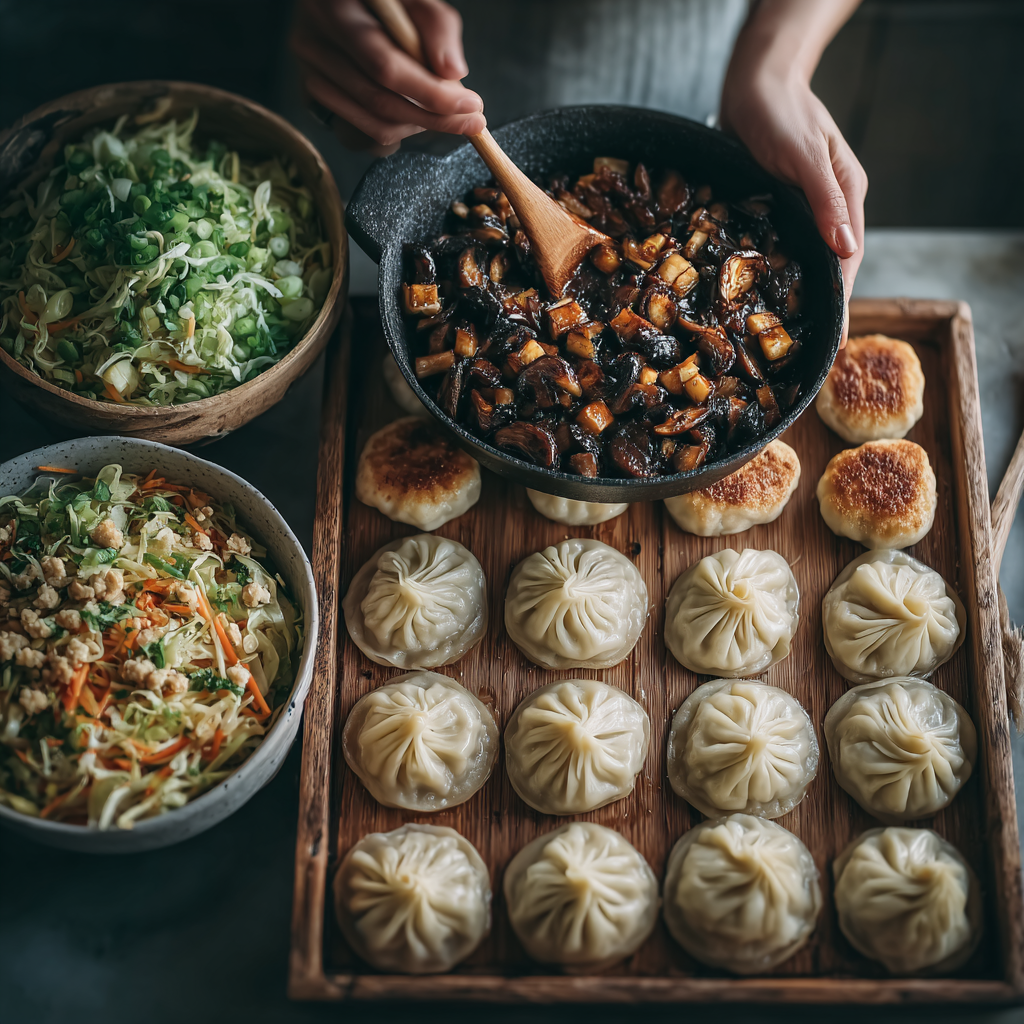 Folding and preparing Asian-inspired vegan dumplings with filling